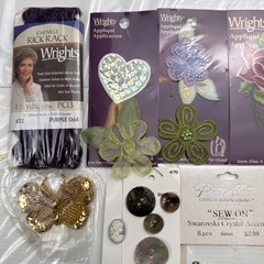 Sewing Embellishment Lot: Appliques, Buttons, Rick Rack, Swarovski Crystals B20Q