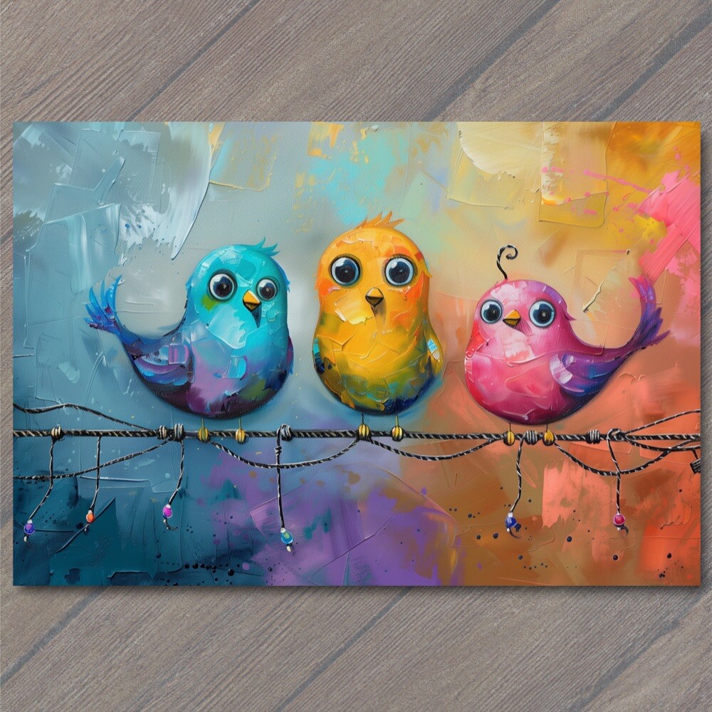 STICKER Birds On A Wire Cute Big Eyes Acrylic Painting Cartoon Style Colorful