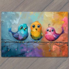 STICKER Birds On A Wire Cute Big Eyes Acrylic Painting Cartoon Style Colorful