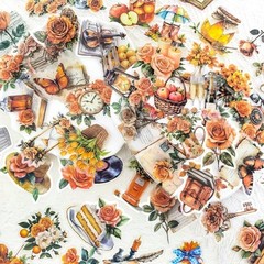 50 PCS Vintage Orange Rose Floral Scrapbook Stickers, Clear Watercolor Fall A…