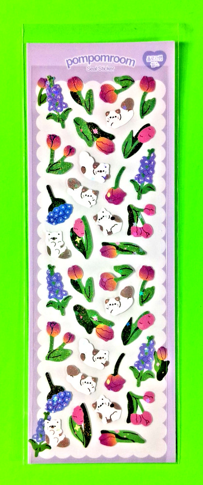 Cats & Garden Flowers Glittery Korean 1 Sheet Stickers Pack