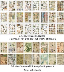 Vintage Aesthetic Washi Stickers and Papers for Scrapbooking, 40 Sheets Ephemera
