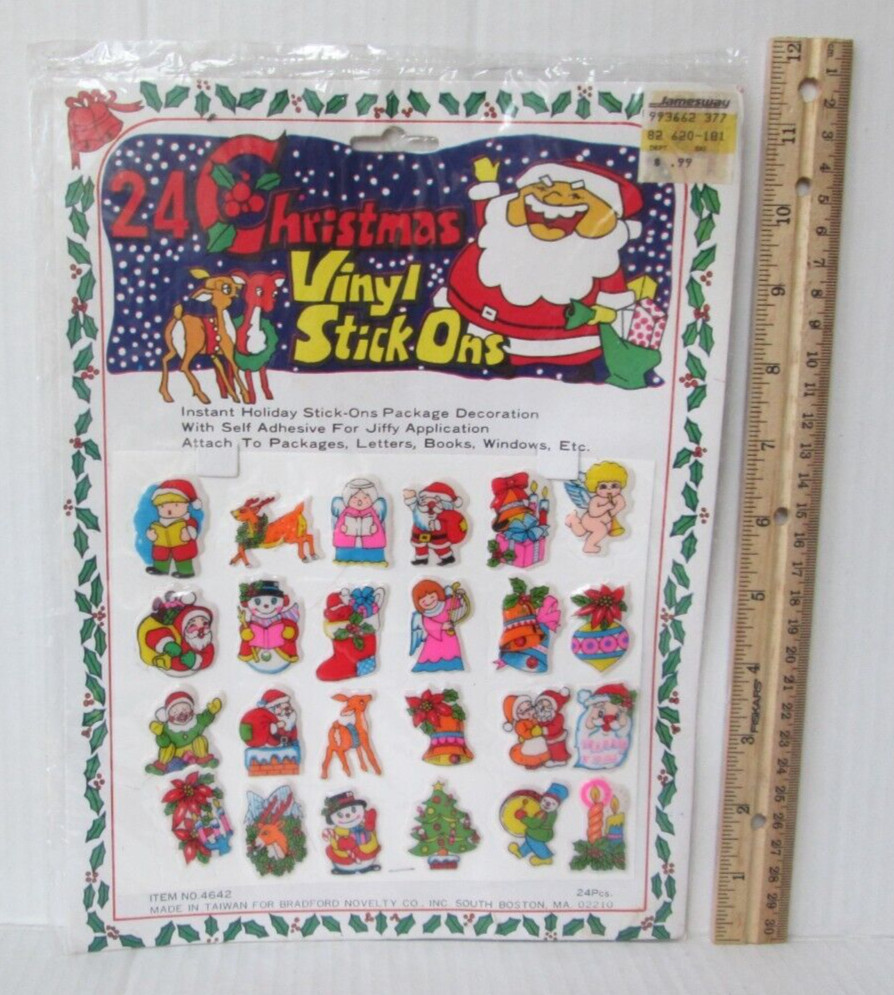 24 CHRISTMAS VINYL STICK ONS Vintage 1980’s Puffy Stickers Bradford Novelty MX0