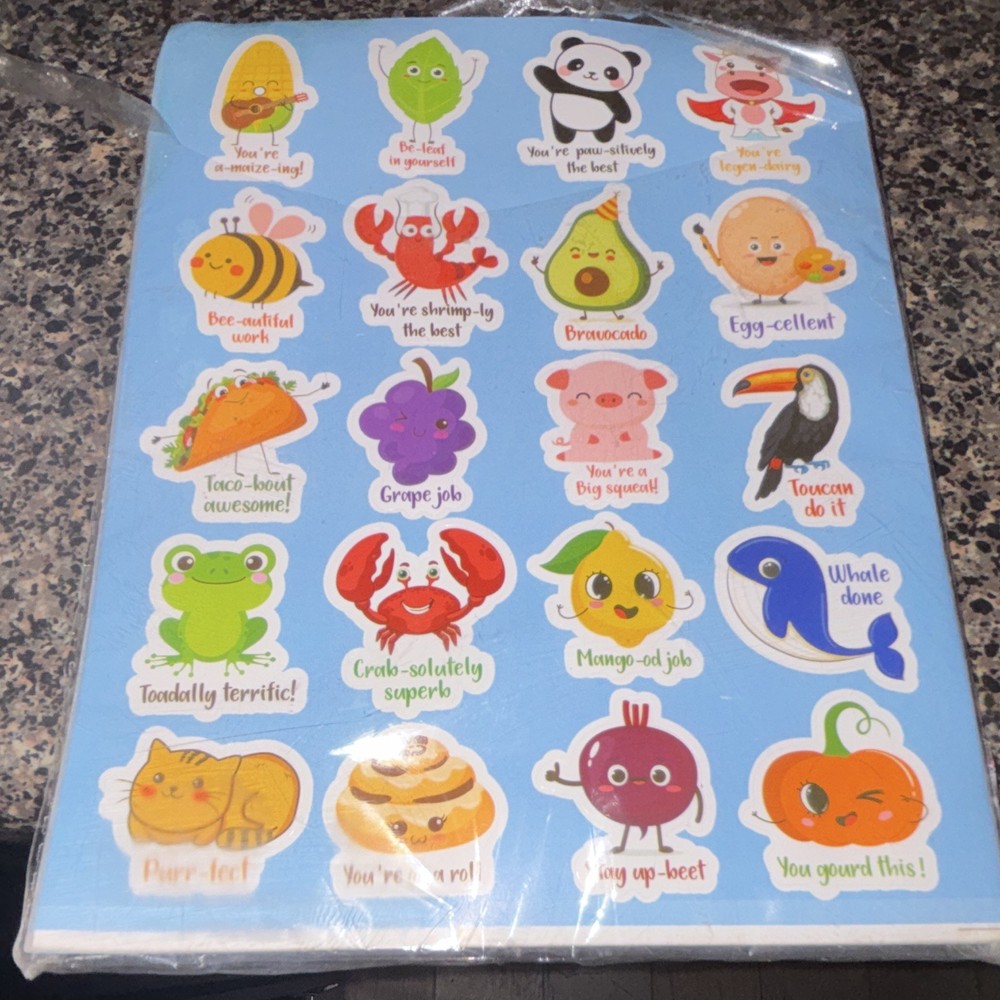 Cute Motivational Pun Animal & Insect Stickers Sheet, Multicolor, Food Theme