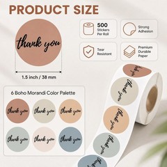 500 Pcs Thank You Stickers Roll, Morandi Boho 6 Colors with Bold Font, 1.5 In…
