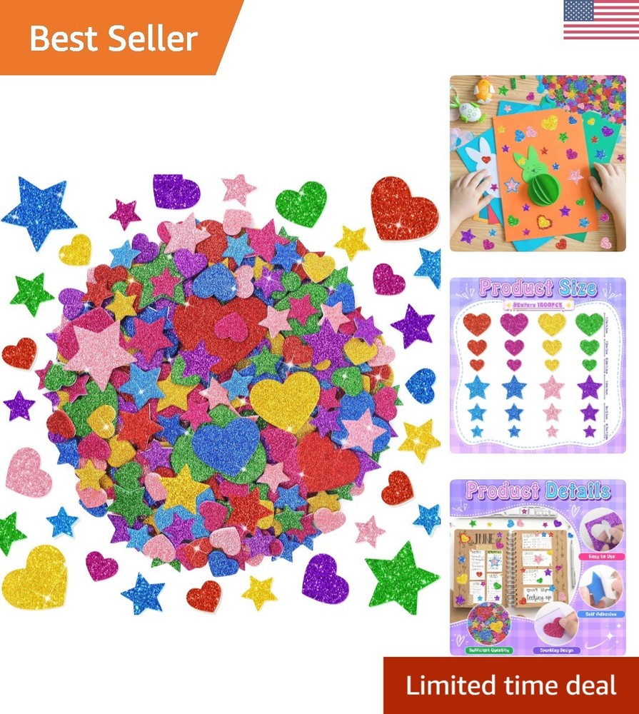 8-Color 1000PCS Glitter Foam Stickers Set – Heart & Star for Scrapbooking & DIY