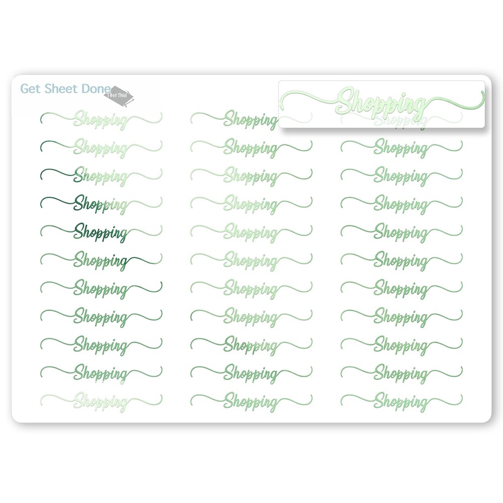 Shopping Script Planner Stickers / 30 Gold Foiled Text Headers (1.5”) GREEN