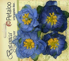 RUFFLED PEONY – BLUE – 45 to 50mm x 4 Flowers with Centre FABRIC Petaloo A1
