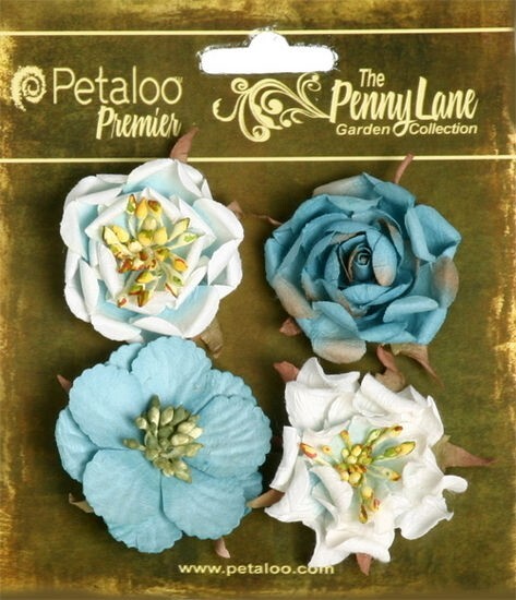 Ruffled Roses TEAL BLUE 4 Mixed Paper Flowers 3.5 to 4cm across Petaloo MHTbl