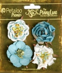 Ruffled Roses TEAL BLUE 4 Mixed Paper Flowers 3.5 to 4cm across Petaloo MHTbl