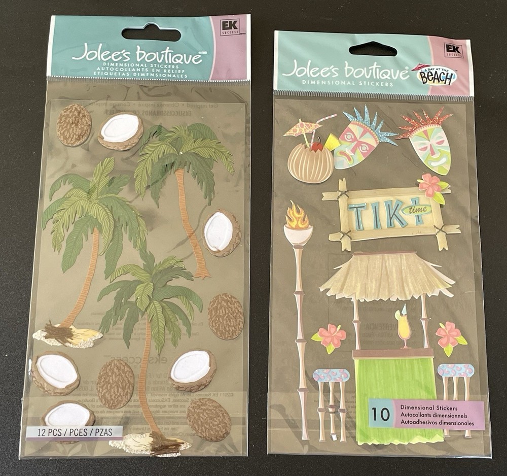 Lot of 2 Jolee’s Boutique TIKI TIME & COCONUT PALMS 3d Stickers Tropical Fire