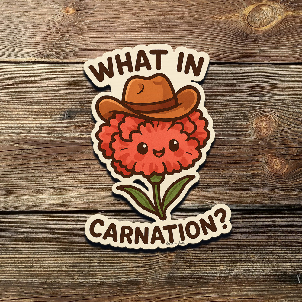 What in Carnation Sticker – Funny Cowboy Flower Pun Vinyl for Laptop & Journal