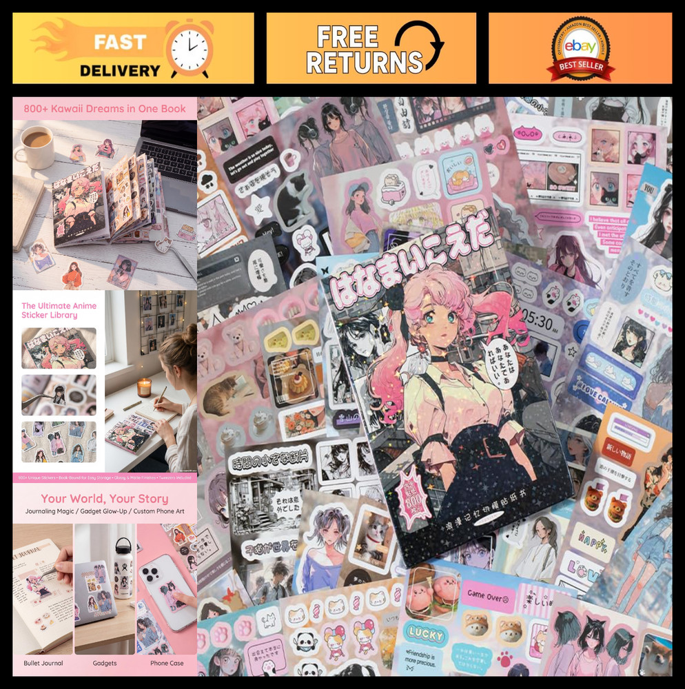 800+ PCS Kawaii Retro Anime Stickers Book | Cute Manga Die-Cut for Scrapbooking,