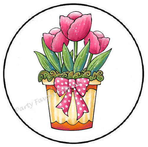 PINK TULIPS IN FLOWER POT SPRING ENVELOPE SEALS LABELS STICKERS PARTY FAVORS