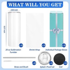 Joyclub 25 Pack Sublimation Tumblers 20 oz Sublimation Blanks Skinny Straight…