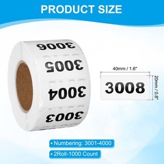 0.8×1.6 Inch Inventory Sticker, 2 Roll 3001 to 4000 Number Label 1000 Stickers