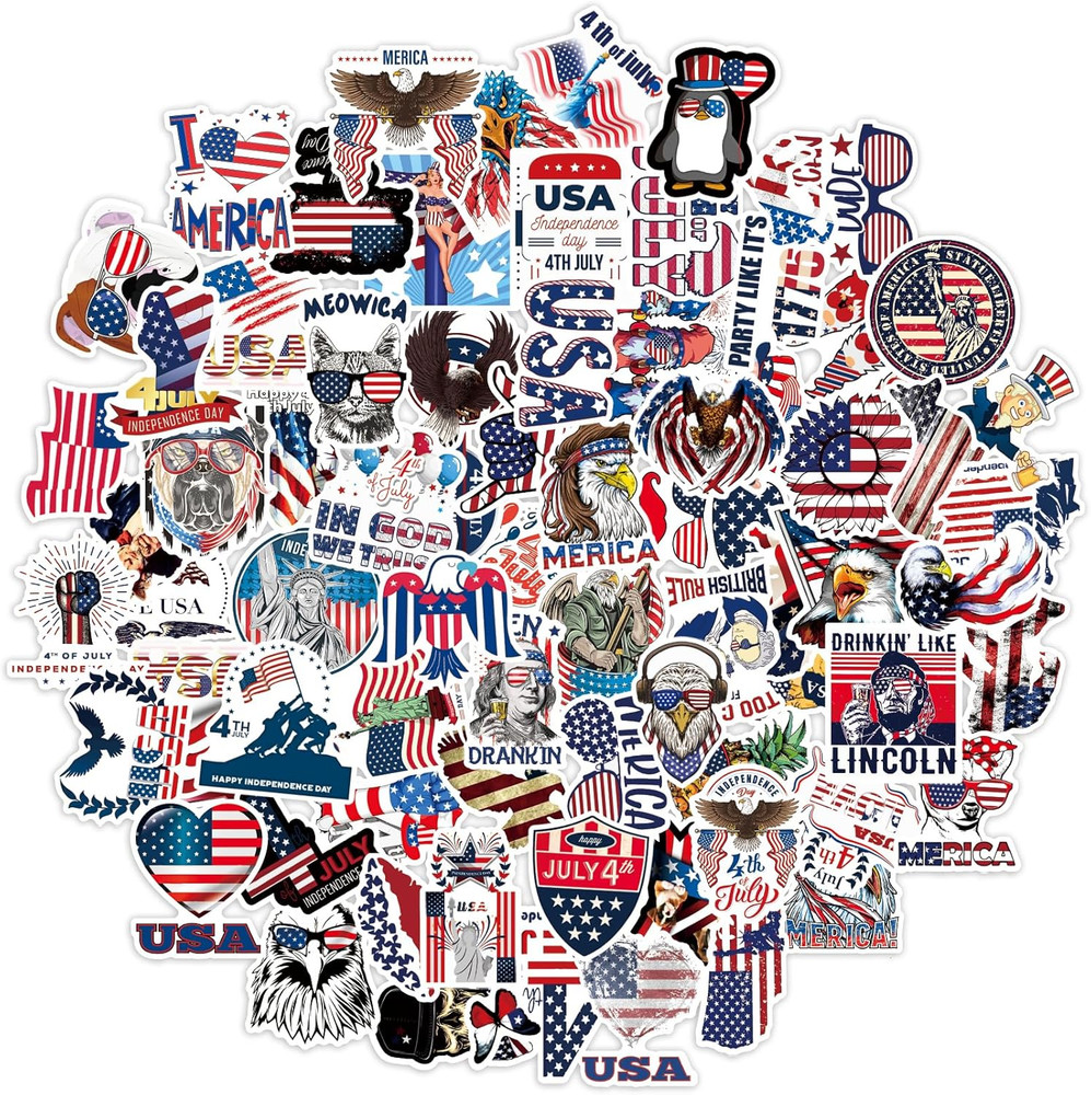 4Th of July Stickers, 100 PCS Patriotic Stickers, American Flag Sticker, Self-Ad