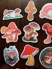 STICKERS x 10 Mushrooms Positive Reminder Be Happy Mushroom Groovy Sticker FEBF8