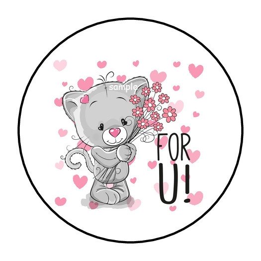 30 FOR U YOU KITTEN STICKERS ENVELOPE SEALS LABELS 1.5″ ROUND HEARTS FLOWERS