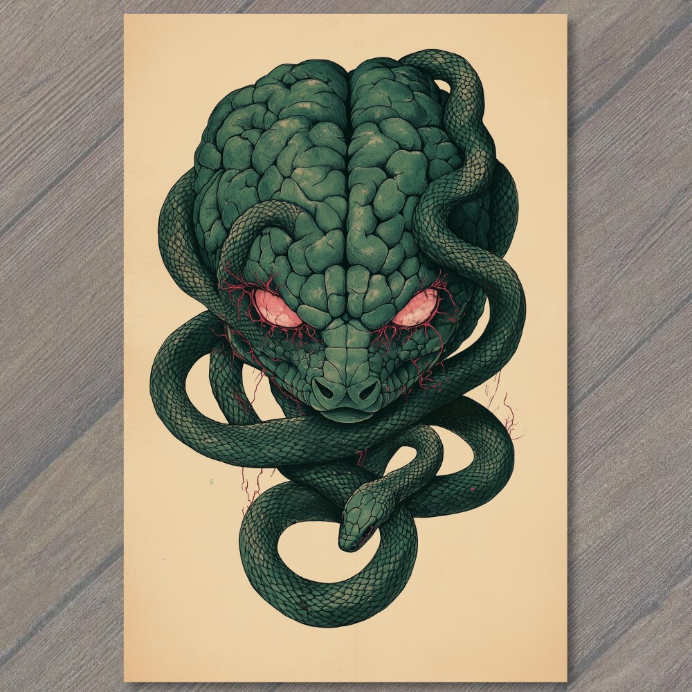 STICKER Snake Wrapped Human Brain Artistic Sci-Fi Theme Green Serpent