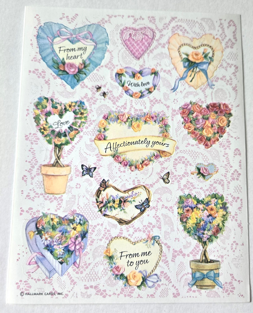 Vintage Sticker Sheet Hallmark Valentine’s Day Hearts Love Flowers Lacy