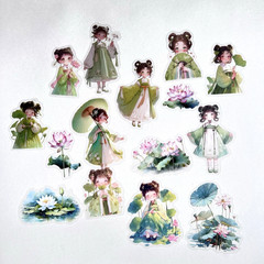 Little Lotus Flower Girl Stickers Asian Junk Journal Collage Scrapbooking