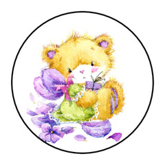 30 CUTE TEDDY BEAR AND FLOWERS ENVELOPE SEALS STICKERS LABELS TAGS 1.5″ ROUND