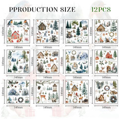 12 Sheets Winter Rub on Transfers for Crafts, Watercolor Forest Animal Rub on Tr