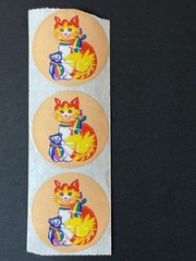 Vintage 1984 Lisa Frank Stickers Cat and Teddy Bear Strip of 3 Mod Large Circles