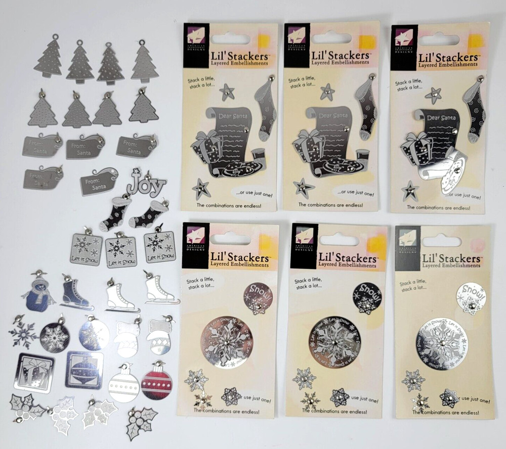 78 Pc Silver Metal Christmas Embossed Embellishments Charms Tree Stocking Mitten