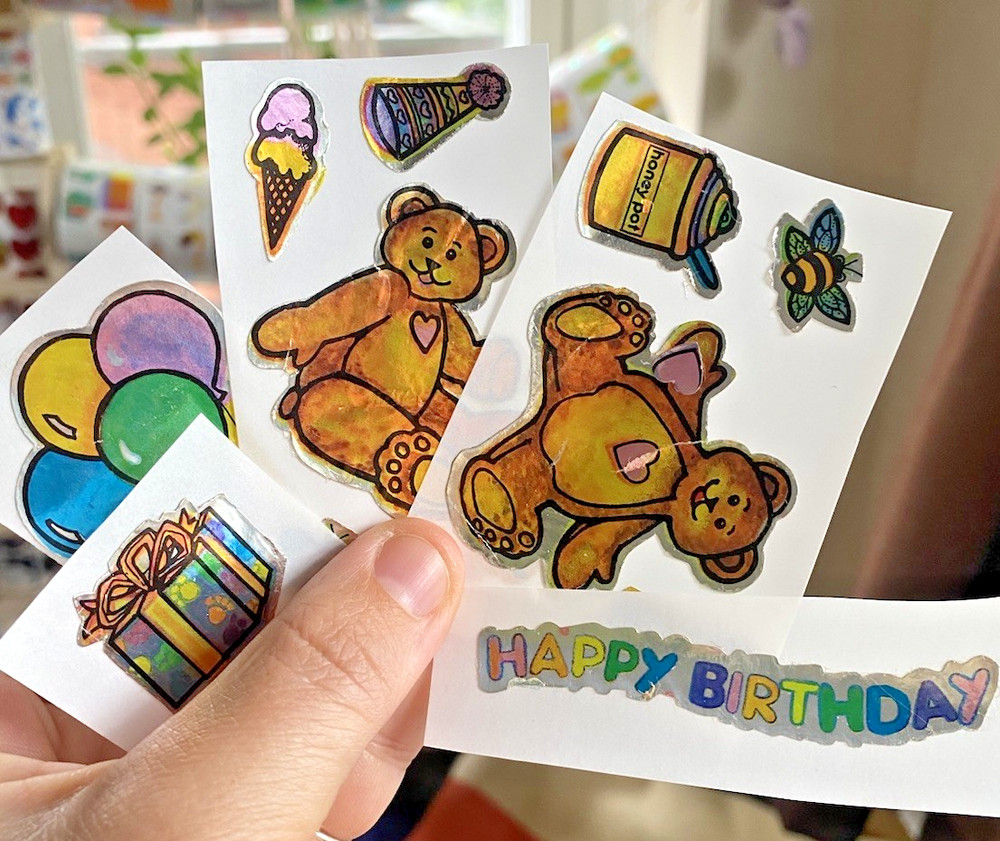 Vintage 80s Sticker Lot: Restored Damaged Teddy Bear Birthday Foil Mylar READ