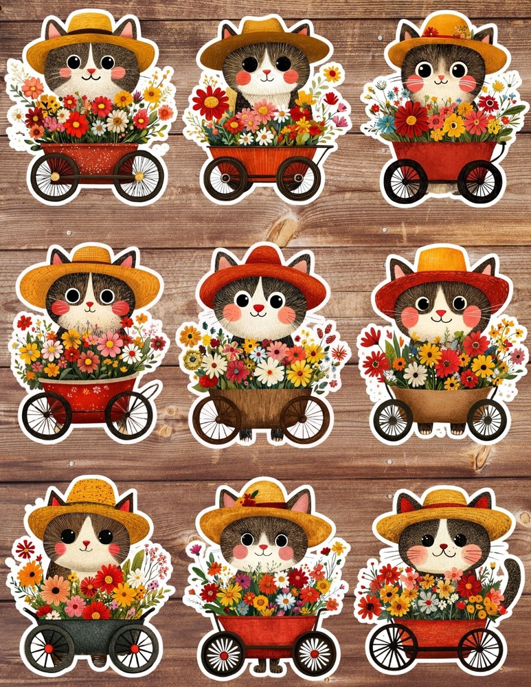 Cat and Flower Cart Die Cut Vinyl Stickers Set Scrapbooking Laptop Water Bottle