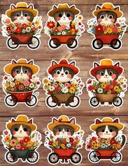Cat and Flower Cart Die Cut Vinyl Stickers Set Scrapbooking Laptop Water Bottle