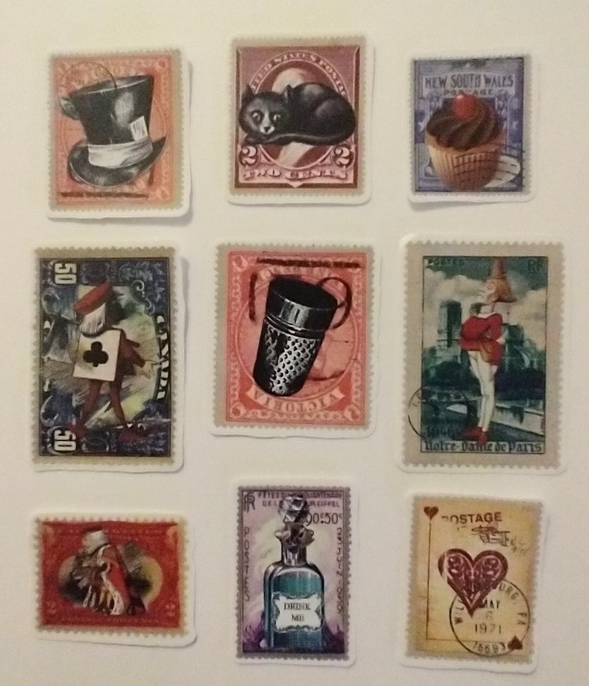 Alice in Wonderland. 9 Vintage Look Wonderland Post Stamps *Stickers (E)