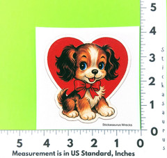 Cute Black Brown & White Puppy Dog On A Heart Large Sticker Vintage Kitsch Style