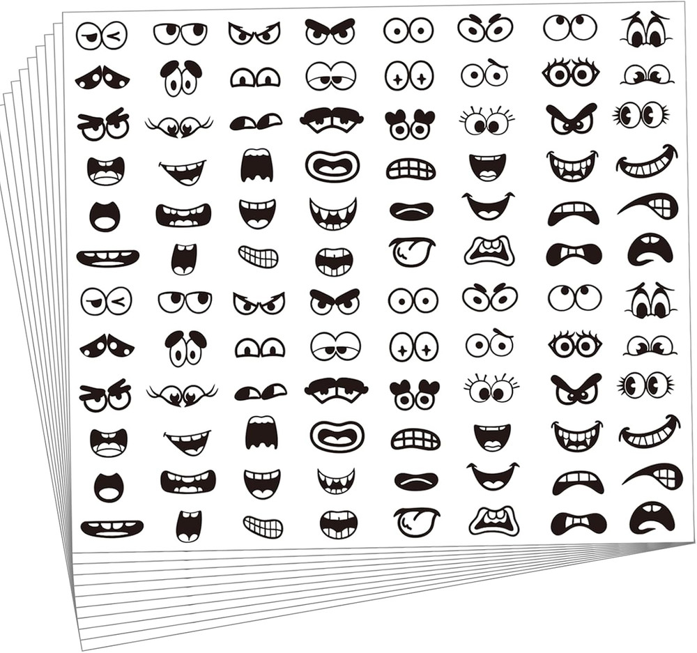 960Pcs Black Eye Mouth Stickers, 48 Designs Cartoon Face Expression Stickers for
