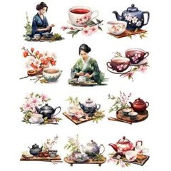 Japanese Woman Sakura Floral Teapots Tea Cups Scrapbooking Stickers Craft