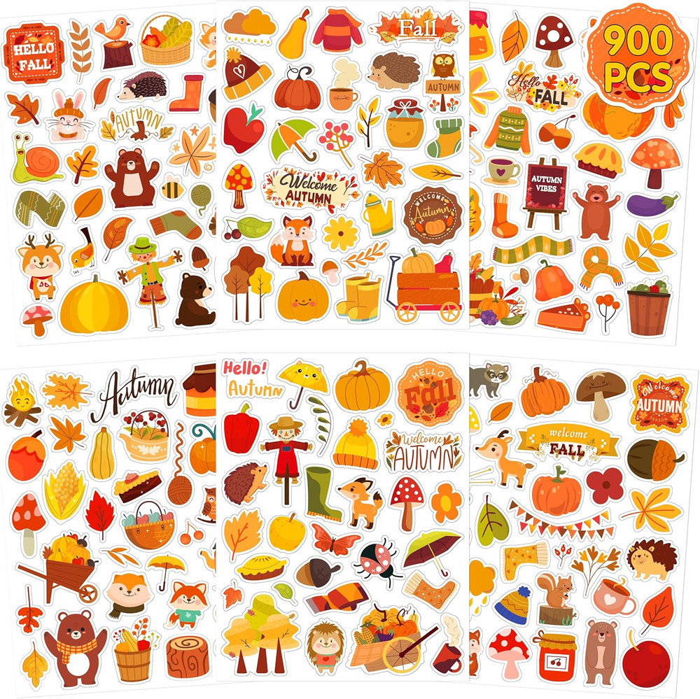 30 Sheets Fall Stickers for Kids, 900 PCS Autumn Leaves Pumpkin Thanksgiving Sti