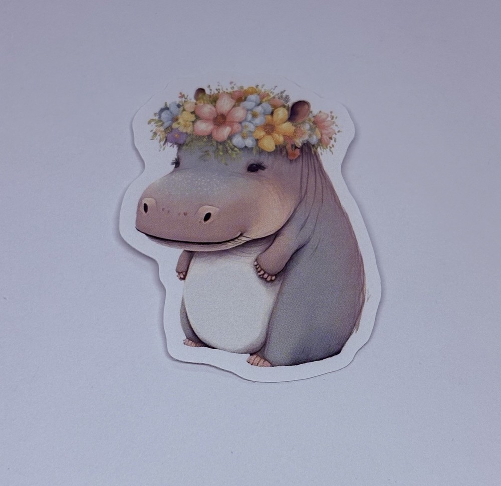 Cute Hippo Animal Love Sticker Vinyl Decal Journal Wall Floral Crown Art Tc6