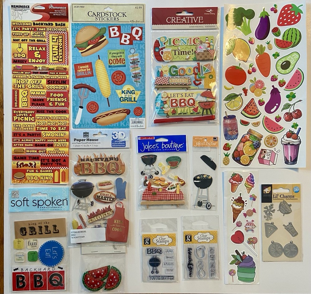 Large Lot Of BBQ Cookout Stickers, Clear Stamps, Charms! Jolee’s Boutique, MAMBI