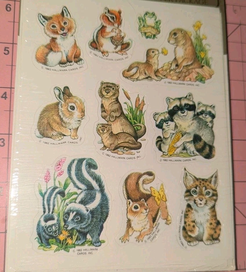 Vintage Hallmark Stickers Cute Animals Babies Skunk Otter Fox 1 Sheet
