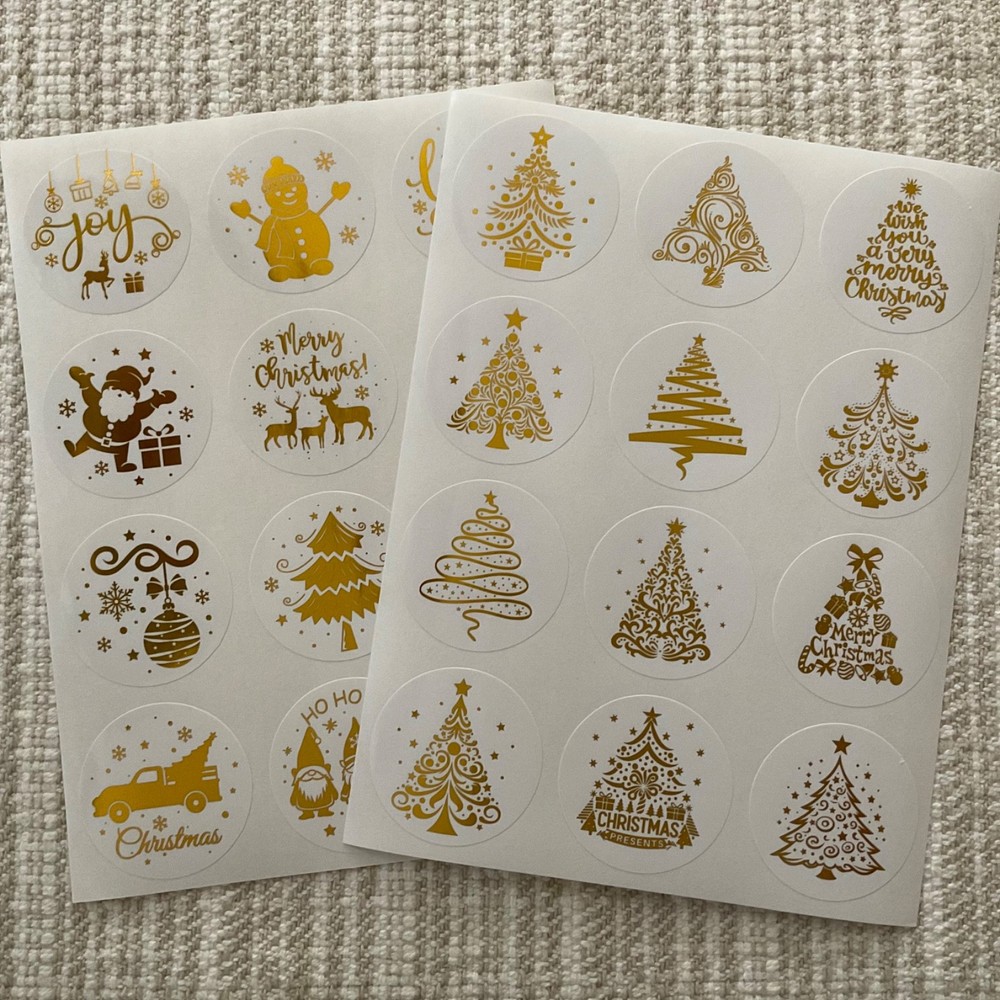 24 Gold Foil Christmas Stickers, 1.5” Holiday Envelope Seals, Gift Labels
