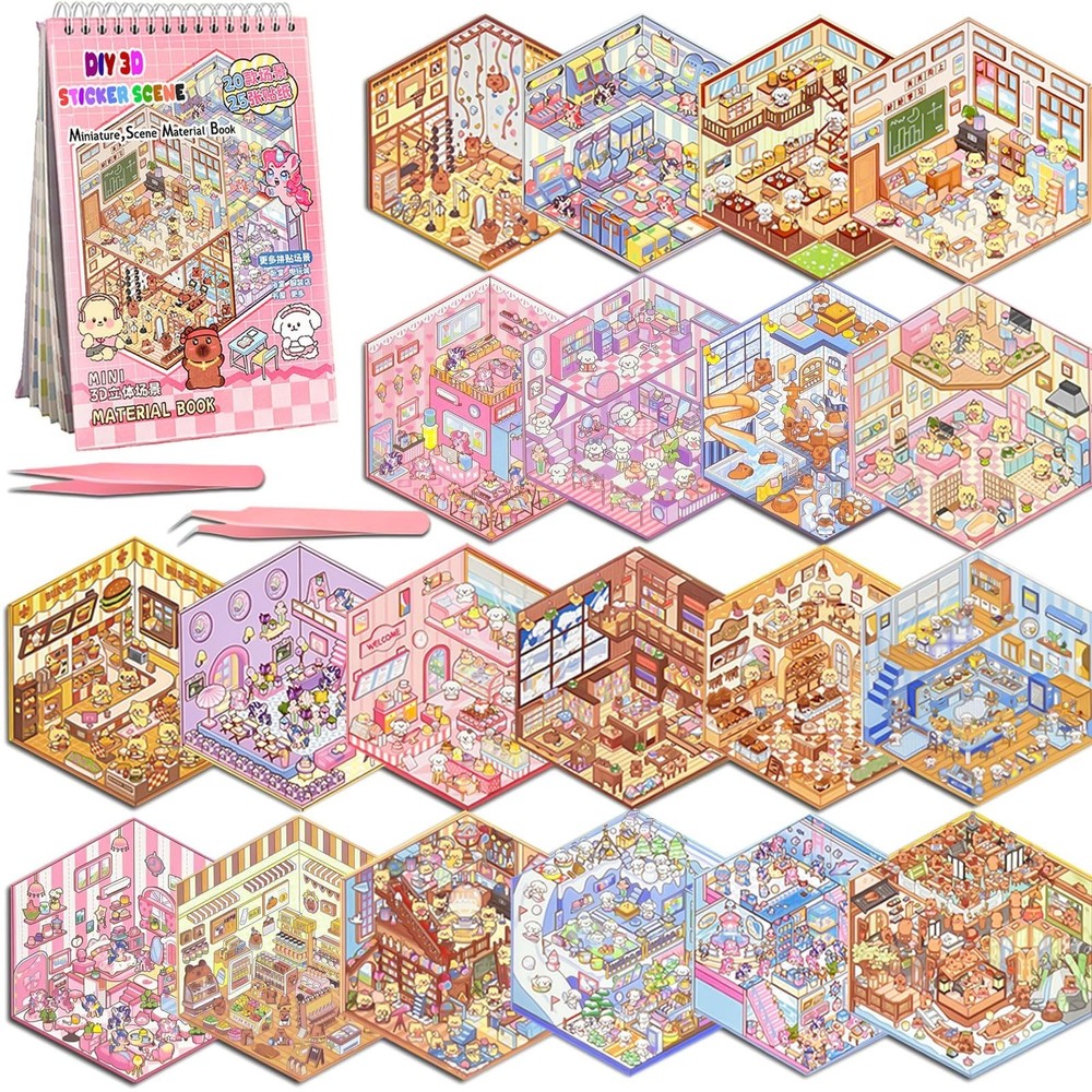 20 Sets DIY 3D Sticker Scene Collection Book, Miniature Cute Cartoon Animal Stic