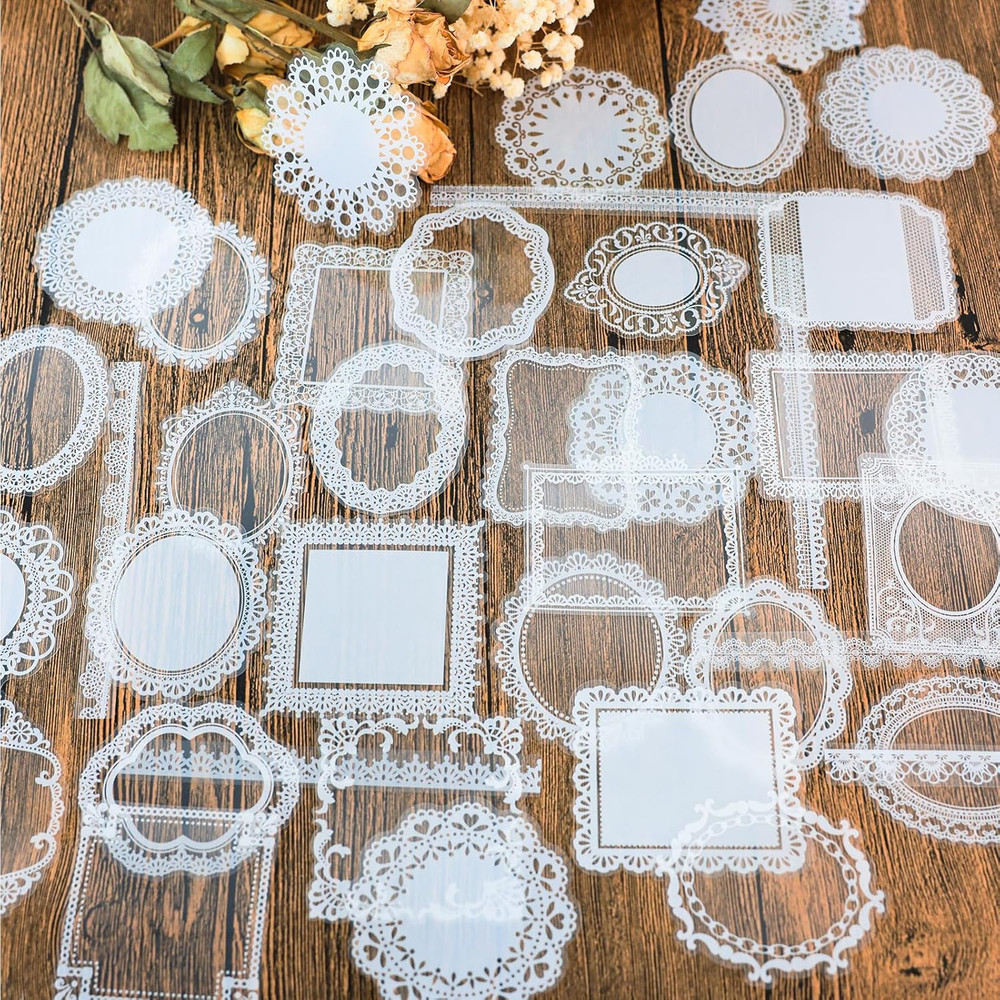 120 Pcs Lace Scrapbook Stickers,Waterproof Cutout Transparent Sticker PET Transp