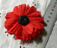 JESSICA Ruffled Organza RED Flower – Black Centre 70mm Single MH AB NJC