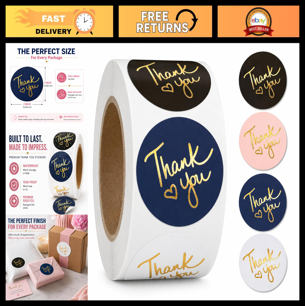 500 Thank You Stickers – 2″ Round Labels with Gold Foil Hearts for Packaging, Gi