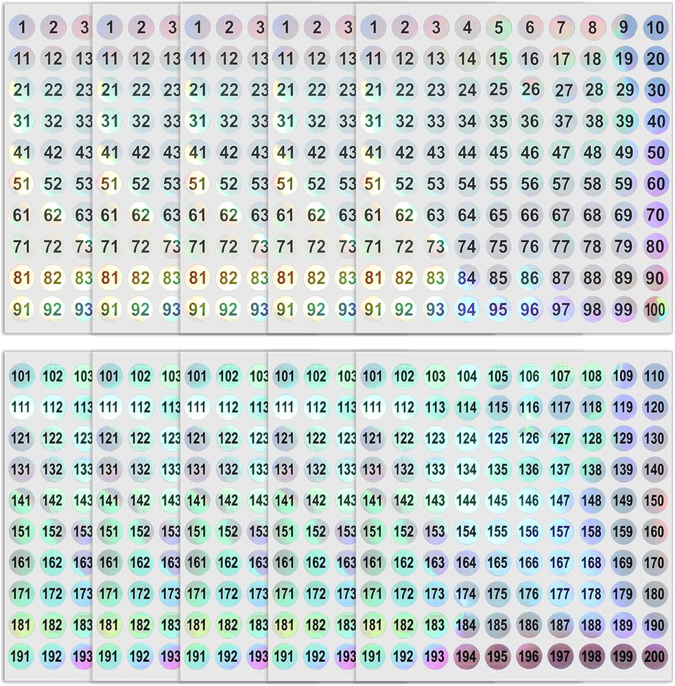 Number Stickers 1-200 Holographic Round Labels Small
