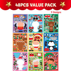48Pcs Christmas Make a Face Sticker Sheets Kids DIY Party Favor Crafts Xmas Fun!