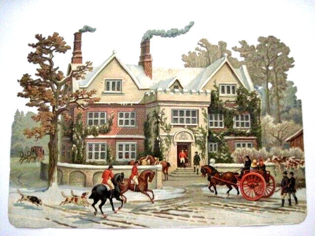 Gorgeous Large 1800’s Die Cut -Charming House, Dogs, Horses, Carriage & People *