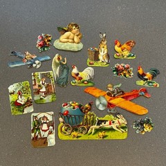 Vintage Airplane & Easter Die Cut Scrap Lot 15 Pc Rabbits Roosters Angels German
